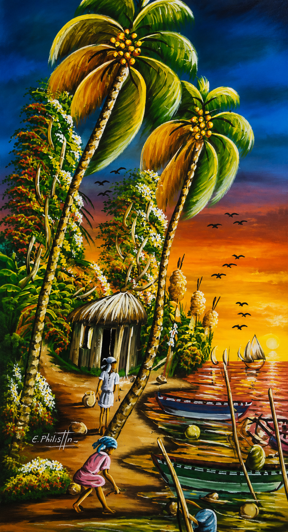 Haitian mountain paradise landscape painting - lush green hills and tropical vegetation