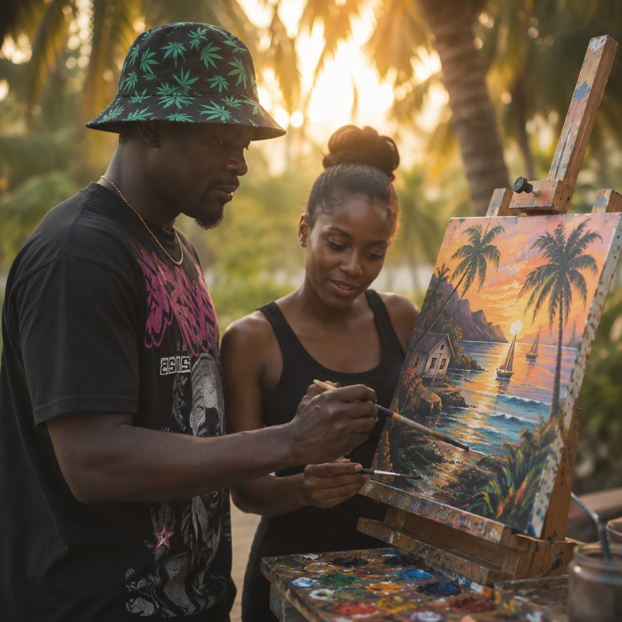 Haitian artist painting authentic Haitian artwork on canvas