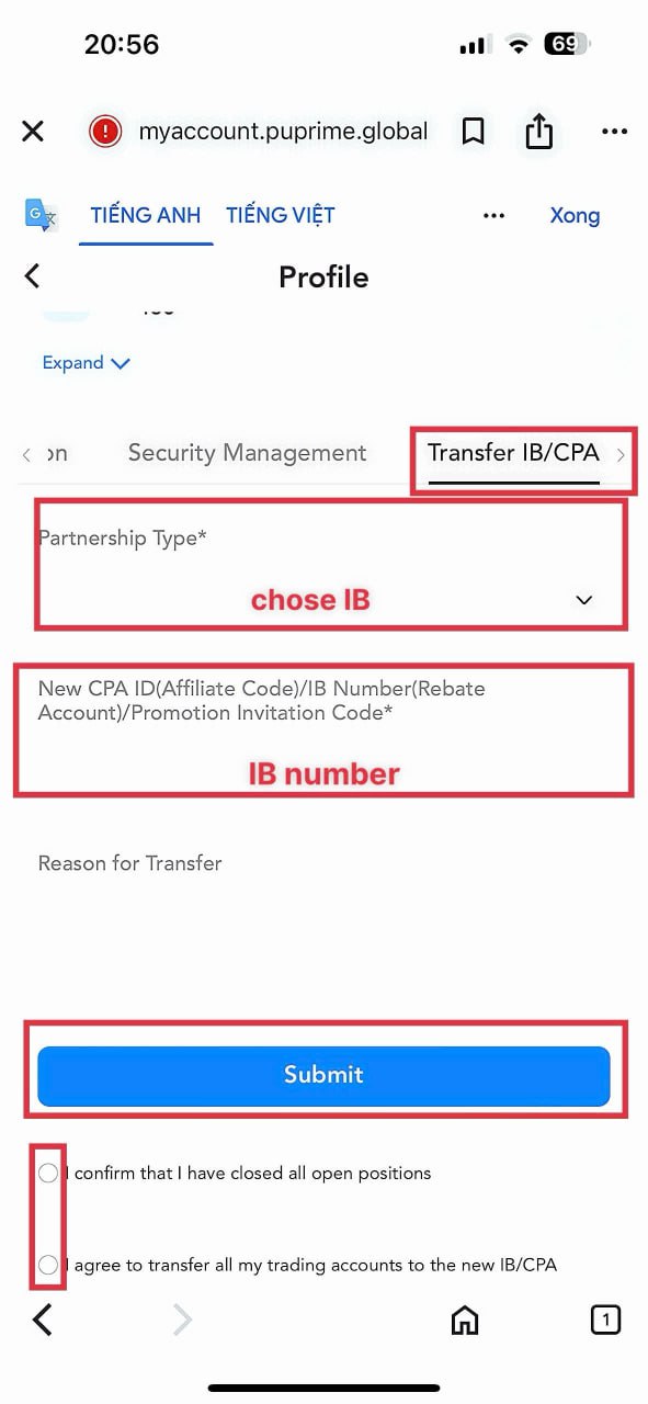 IB Transfer Step 3 - Enter IB number and click Submit to complete