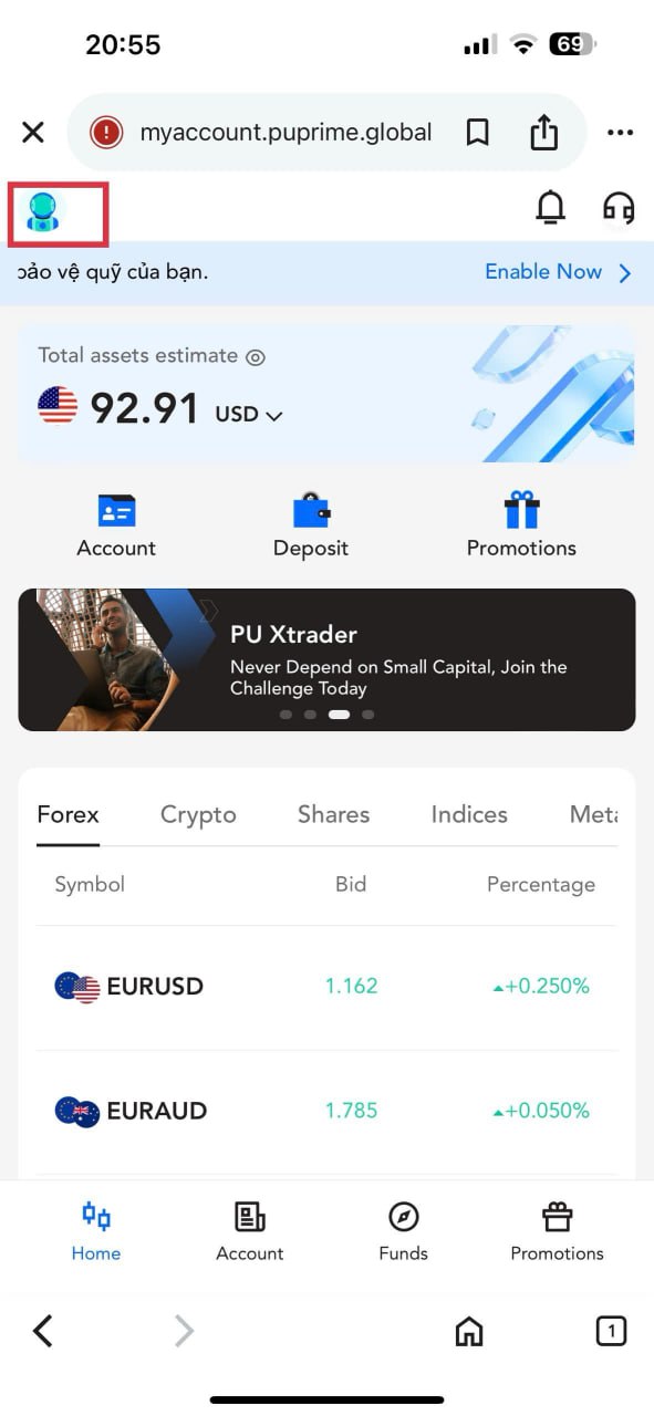IB Transfer Step 1 - Navigate to Profile menu in PU Prime app