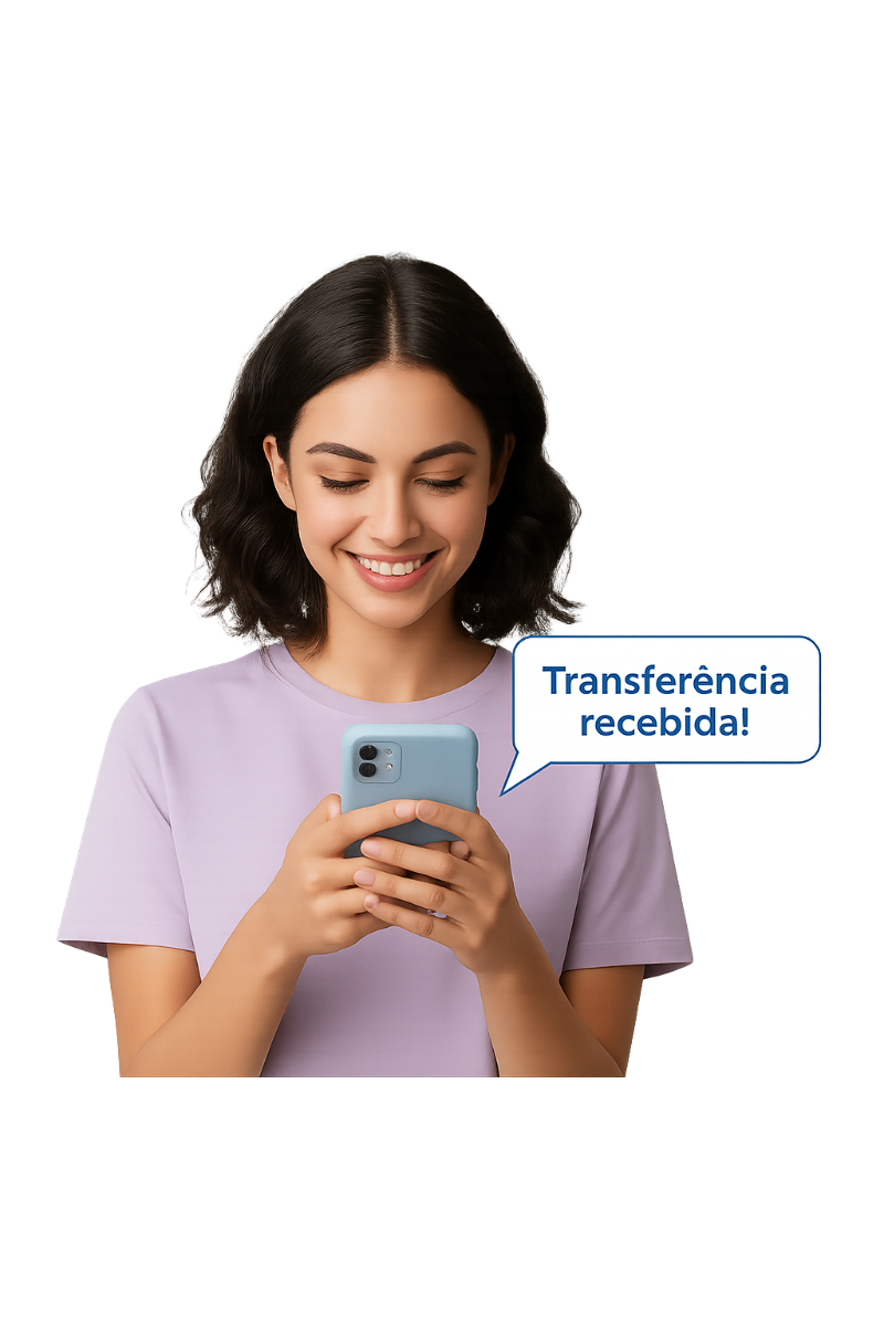 Mulher comemorando transferência realizada