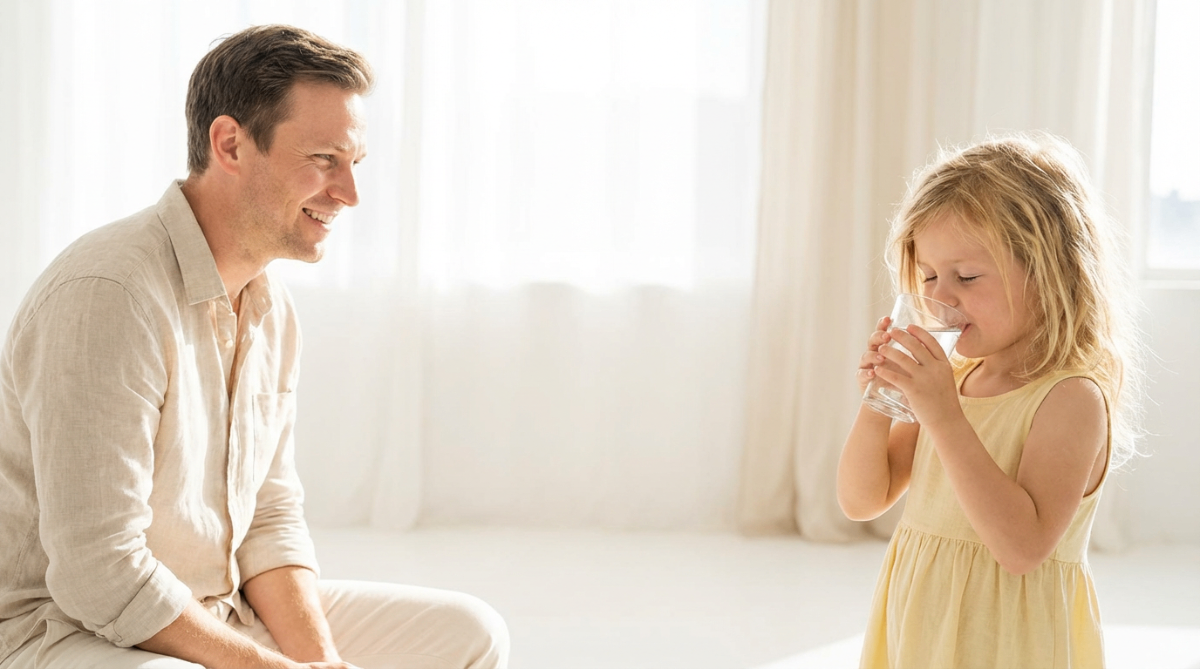 Father watching his daughter enjoy pure, clean water