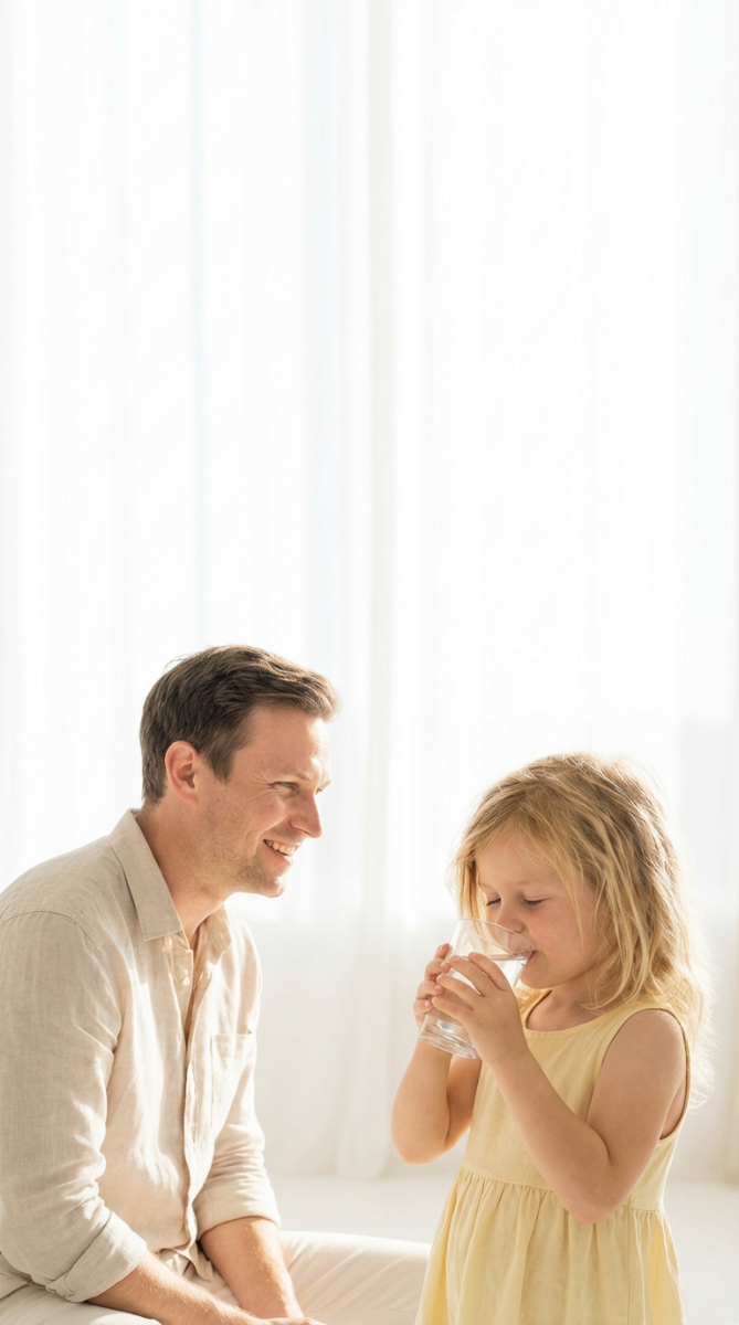 Father watching his daughter enjoy pure, clean water