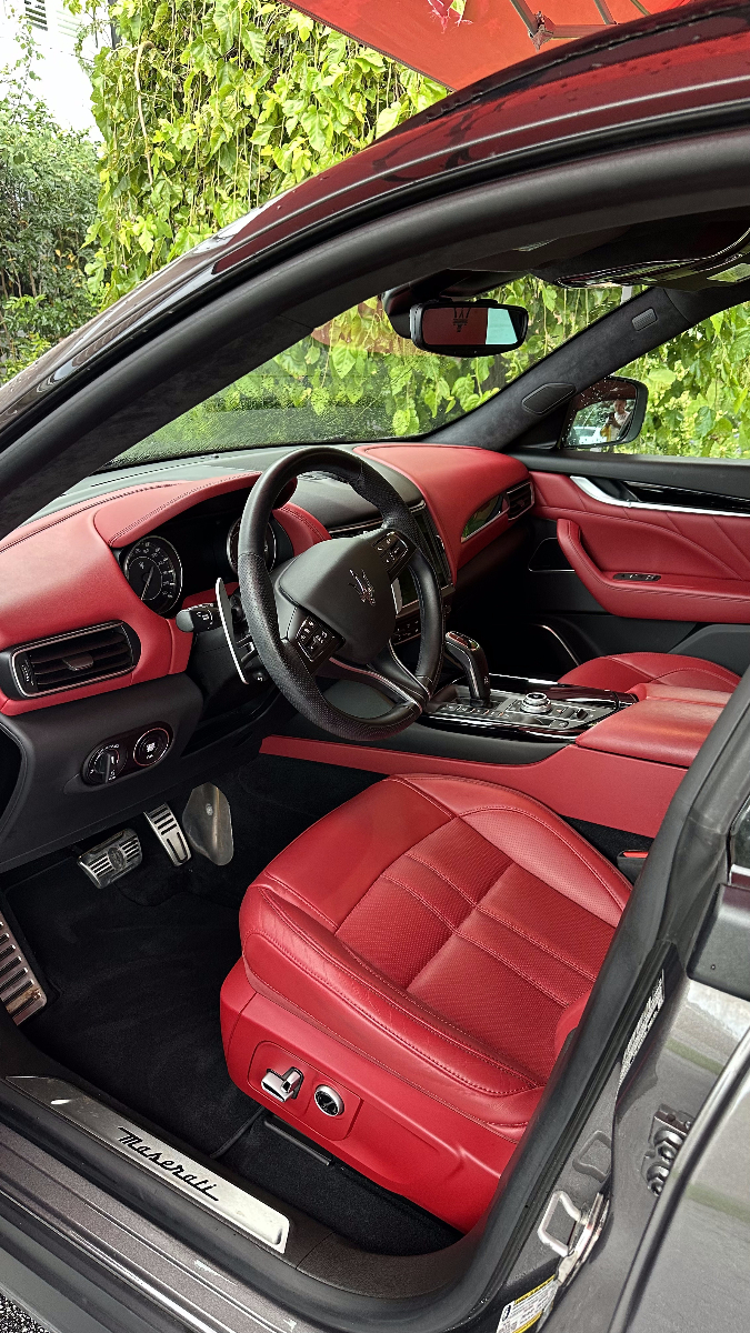 Professional mobile car detailing service showing luxury car interior with premium red leather seats