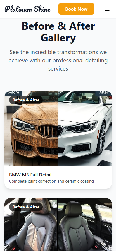 Platinum Shine car detailing website before and after showcase