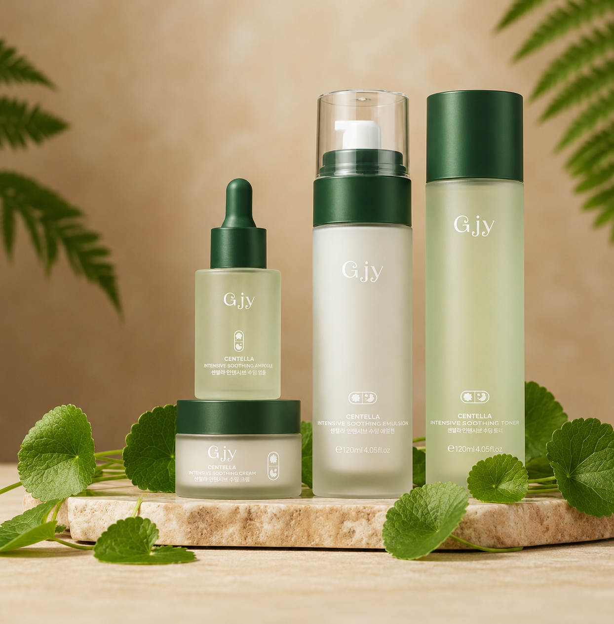 Set Centella Asiática G.J.Y — 4 productos reales sobre fondo limpio
