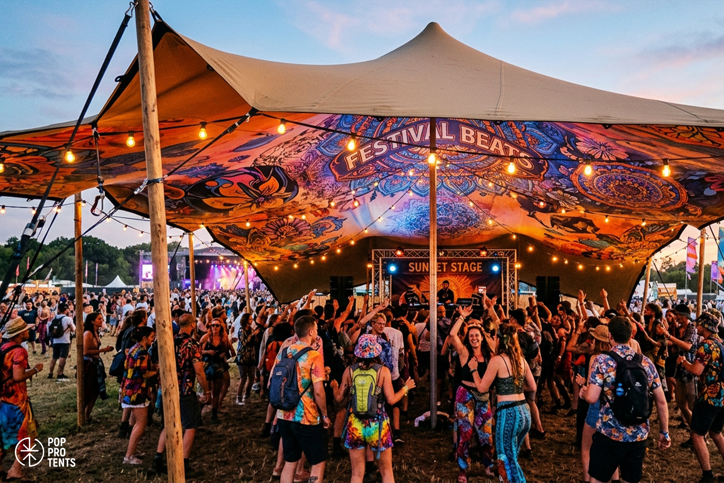 Printed stretch tent with geometric pattern