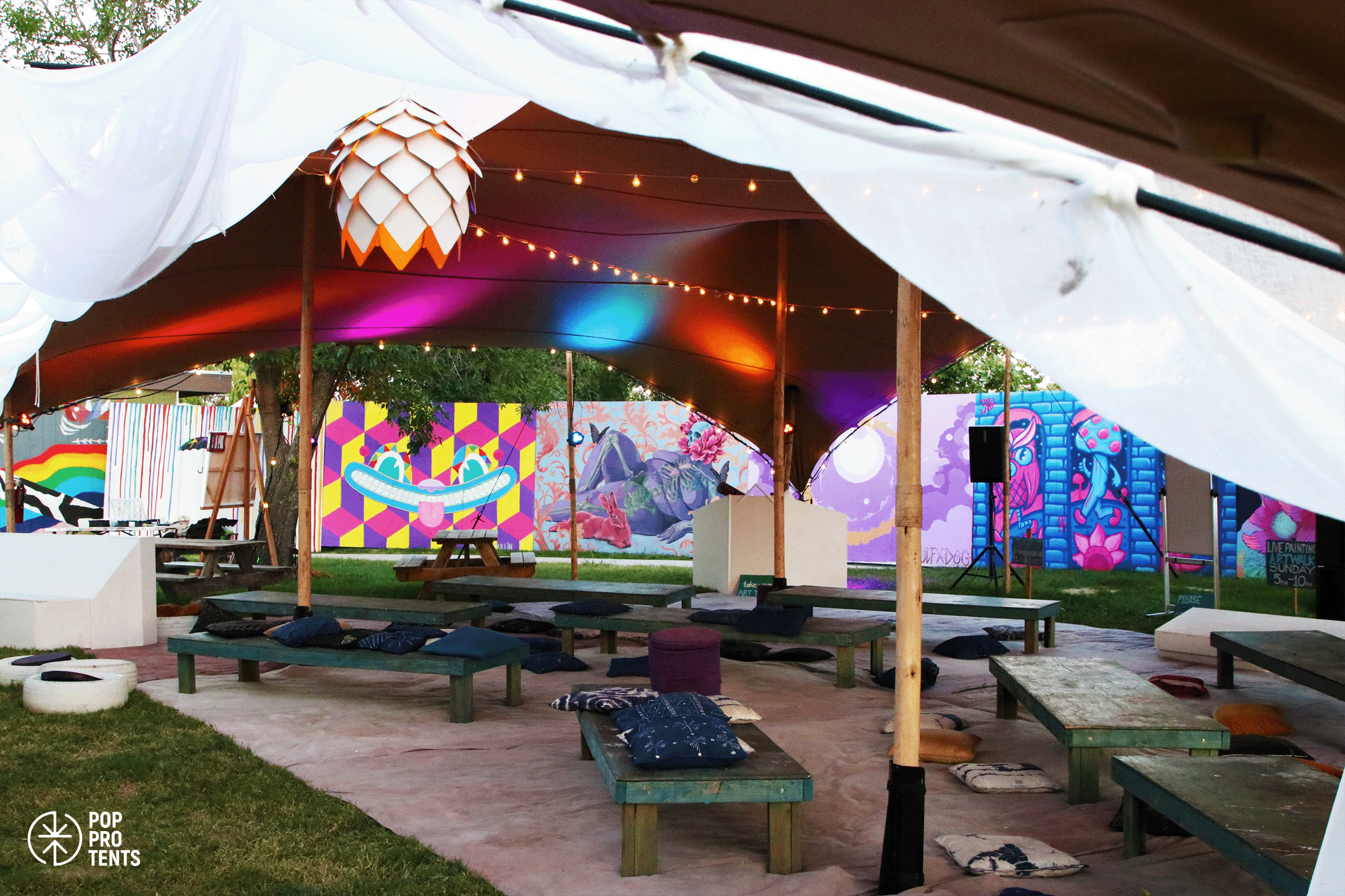 Tropical jungle themed bespoke tent decor
