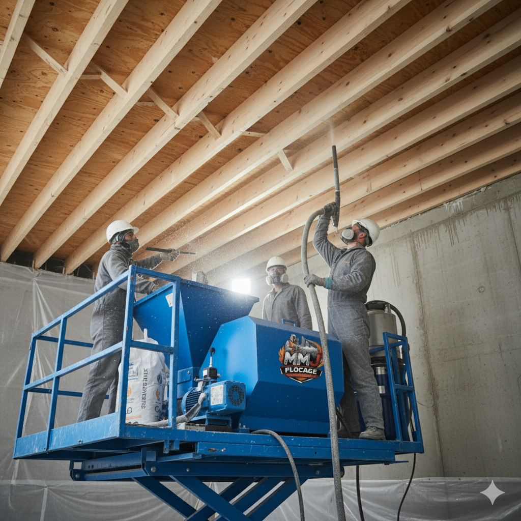 Technicien certifié MMJ Flocage appliquant du flocage coupe-feu professionnel sur poutre métallique avec équipement de projection – Protection incendie industrielle