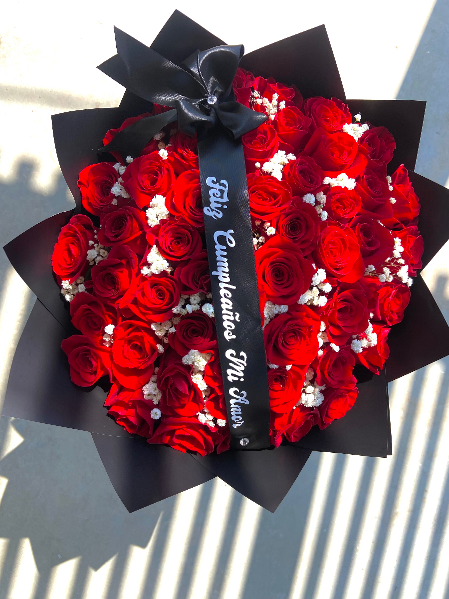 Elegant Red Rose Bouquet with Custom Black Ribbon
