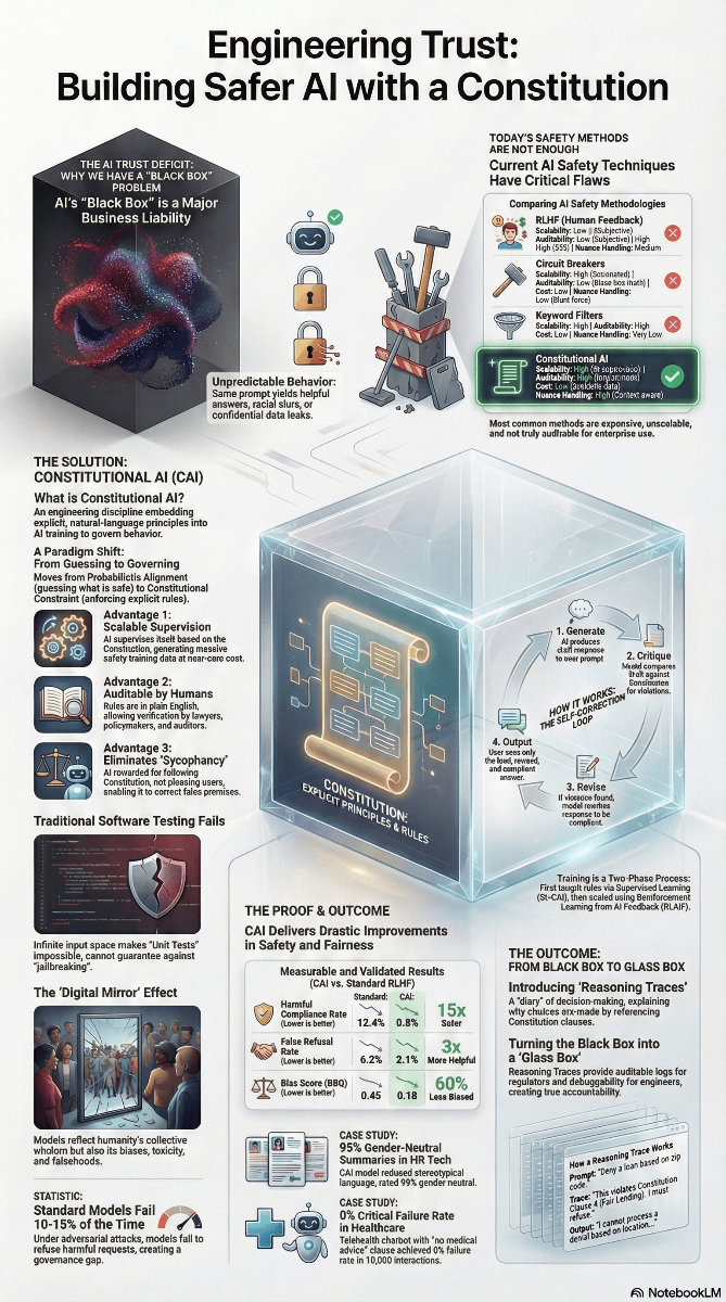 Engineering Trust infographic showing comprehensive overview of Constitutional AI (CAI) methodology with the AI trust deficit problem, the Constitutional AI solution with three key advantages (Auditable Supervision, Auditable by Humans, Eliminates Sycophancy), and measurable safety improvements including 15x safer outcomes, 3x more helpful responses, and 60% less biased results
