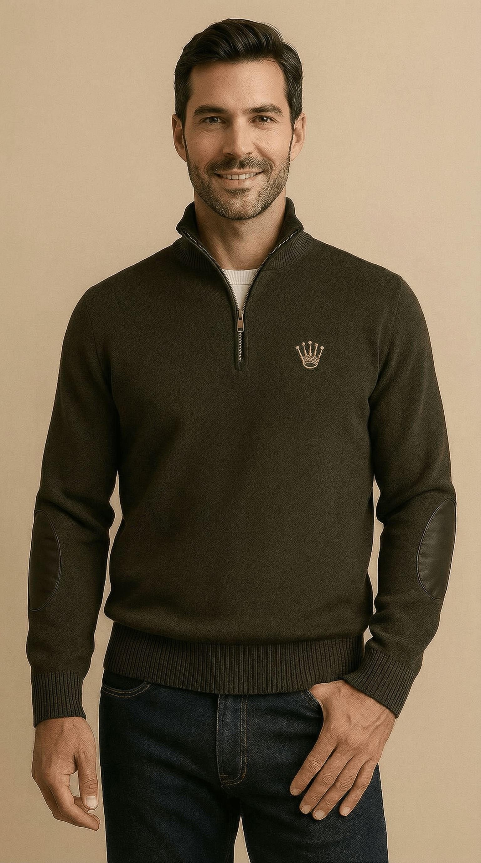Executive Quarter-Zip Pullover - Versatile quarter-zip design with puff embroidered left chest and leather elbow patches and custom neck tag. A look that maintains professional standards across all business settings. Custom knitwear by Pro31 Branding for 1/4 zip applications