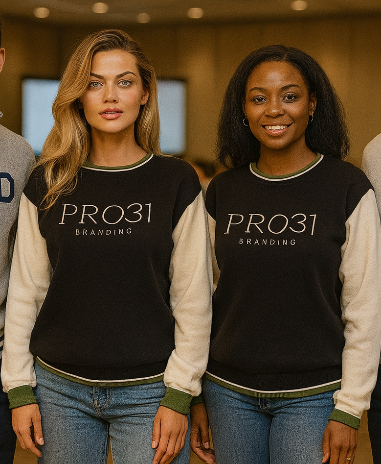 Team Apparel - Two tone sweaters with on-brand trim and embroidered chest area. Classic and timeless. Custom knitwear by Pro31 Branding for sweaters applications