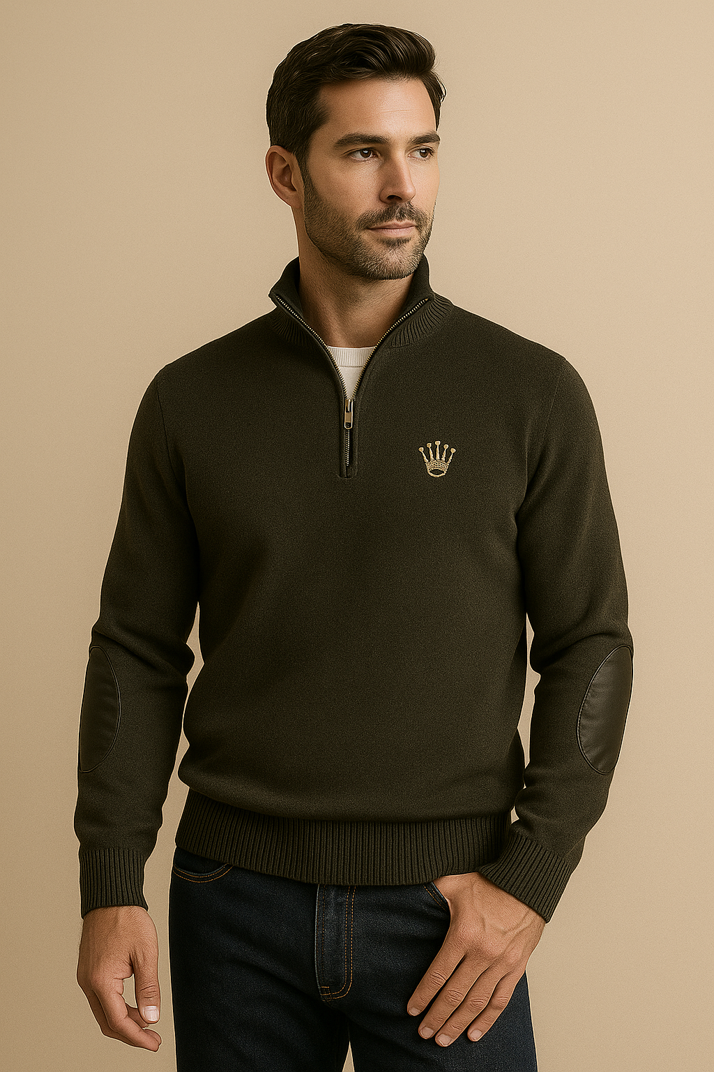 Executive Quarter-Zip Pullover - Versatile quarter-zip design with puff embroidered left chest and leather elbow patches and custom neck tag. A look that maintains professional standards across all business settings. Custom knitwear by Pro31 Branding for 1/4 zip applications
