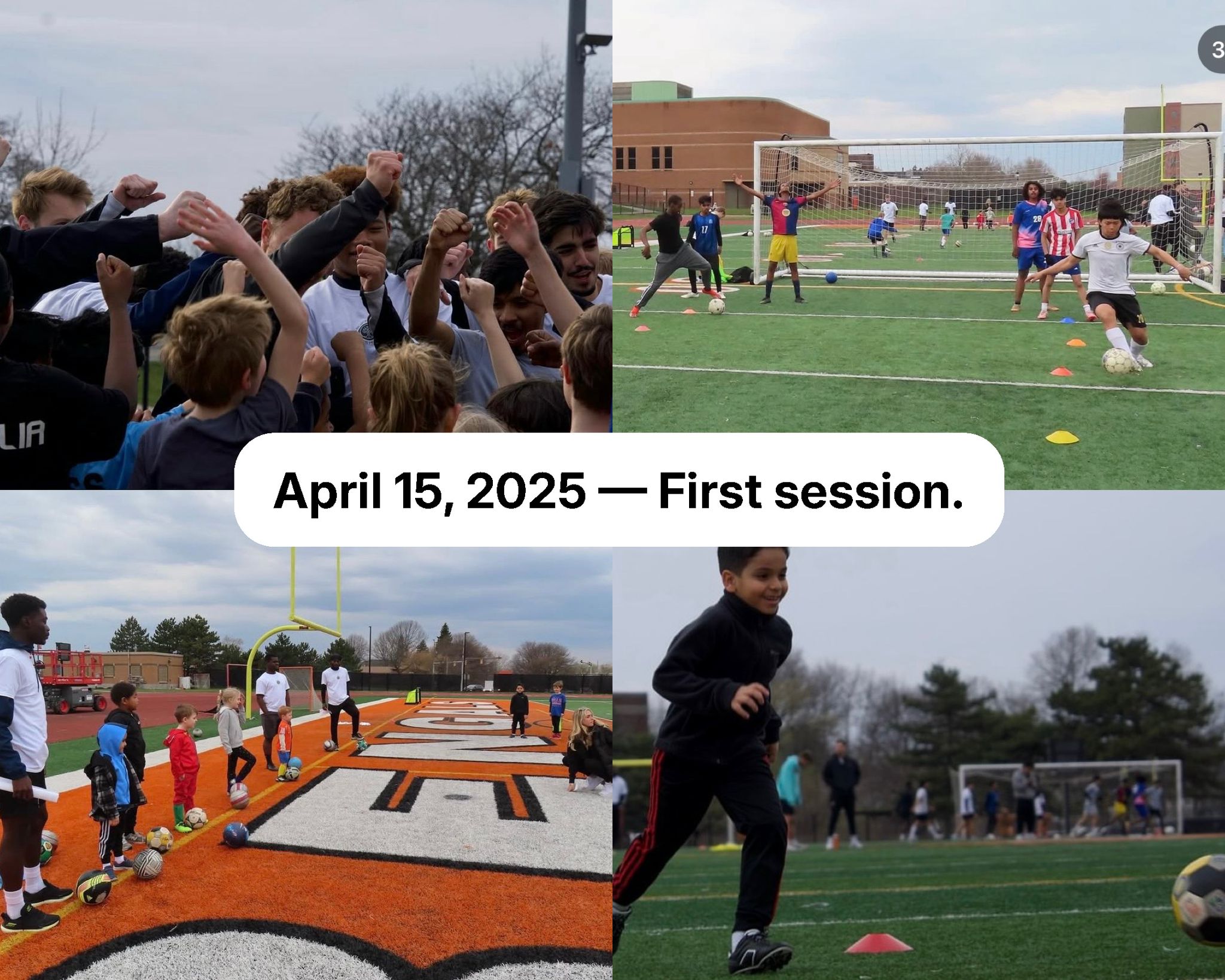 April 15, 2025 — Buffalo Sports Project holds its first youth soccer session on a local turf field with kids doing drills and team huddles