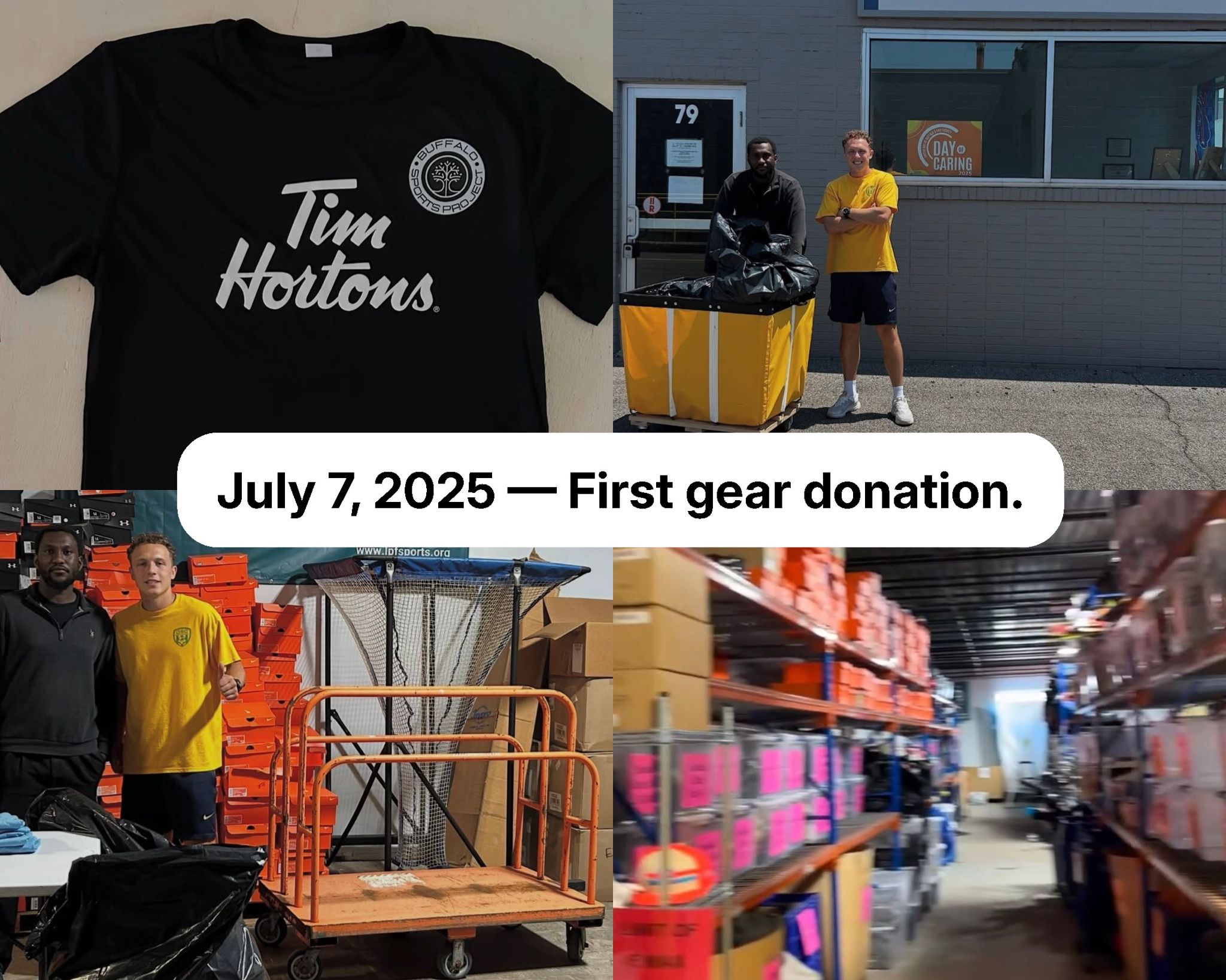July 7, 2025 — Buffalo Sports Project receives its first major gear donation including jerseys, soccer balls, and equipment