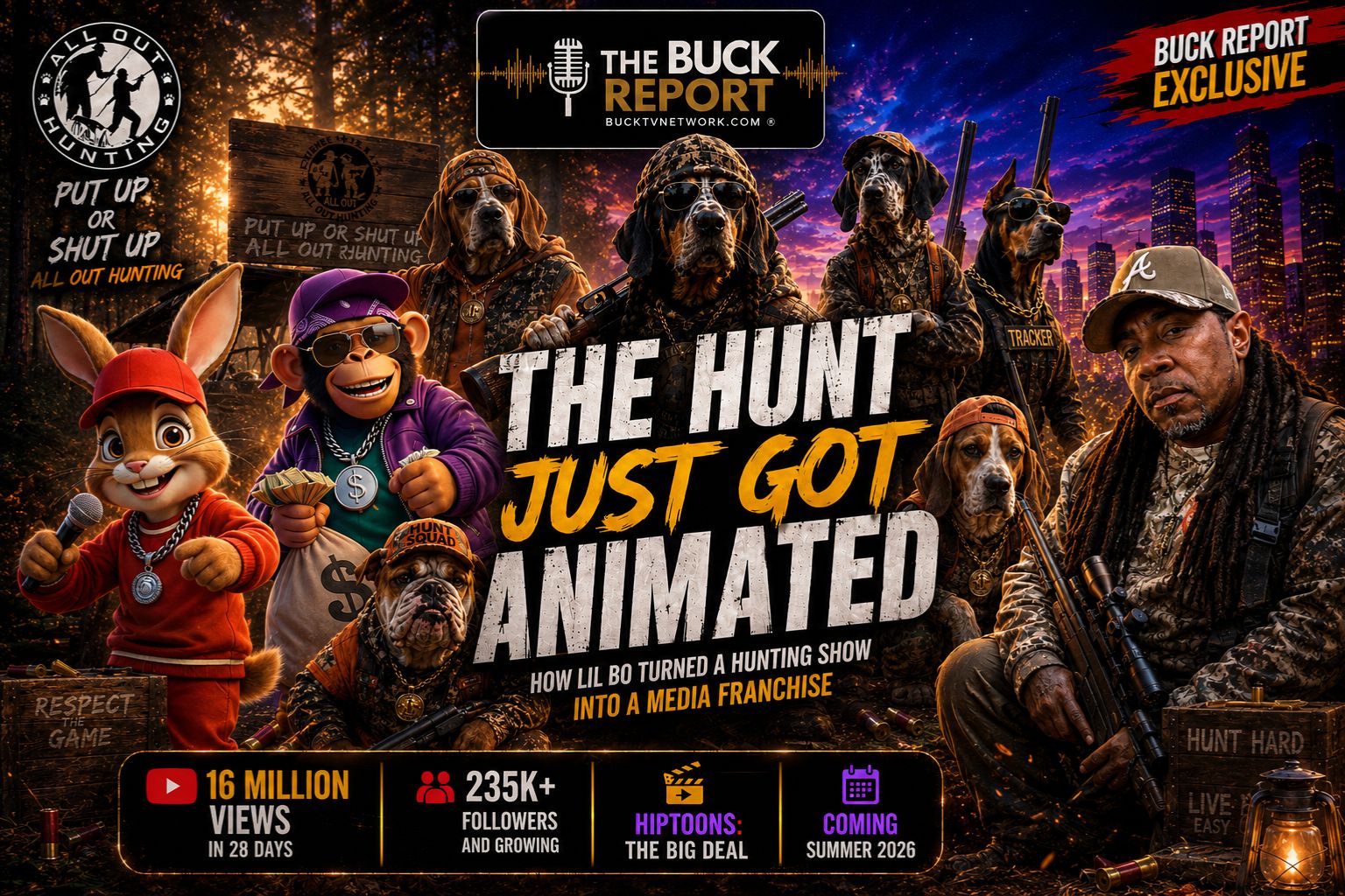 Promotional poster for Hiptoons The Big Deal featuring animated hip-hop characters, hunting dogs, and outdoor adventure elements