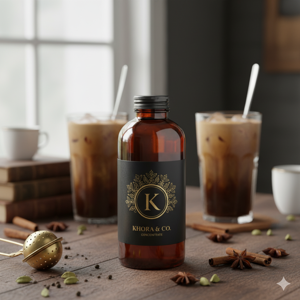 Khora & Co. Chai Concentrate - Premium artisanal chai in elegant glass bottle with traditional spices