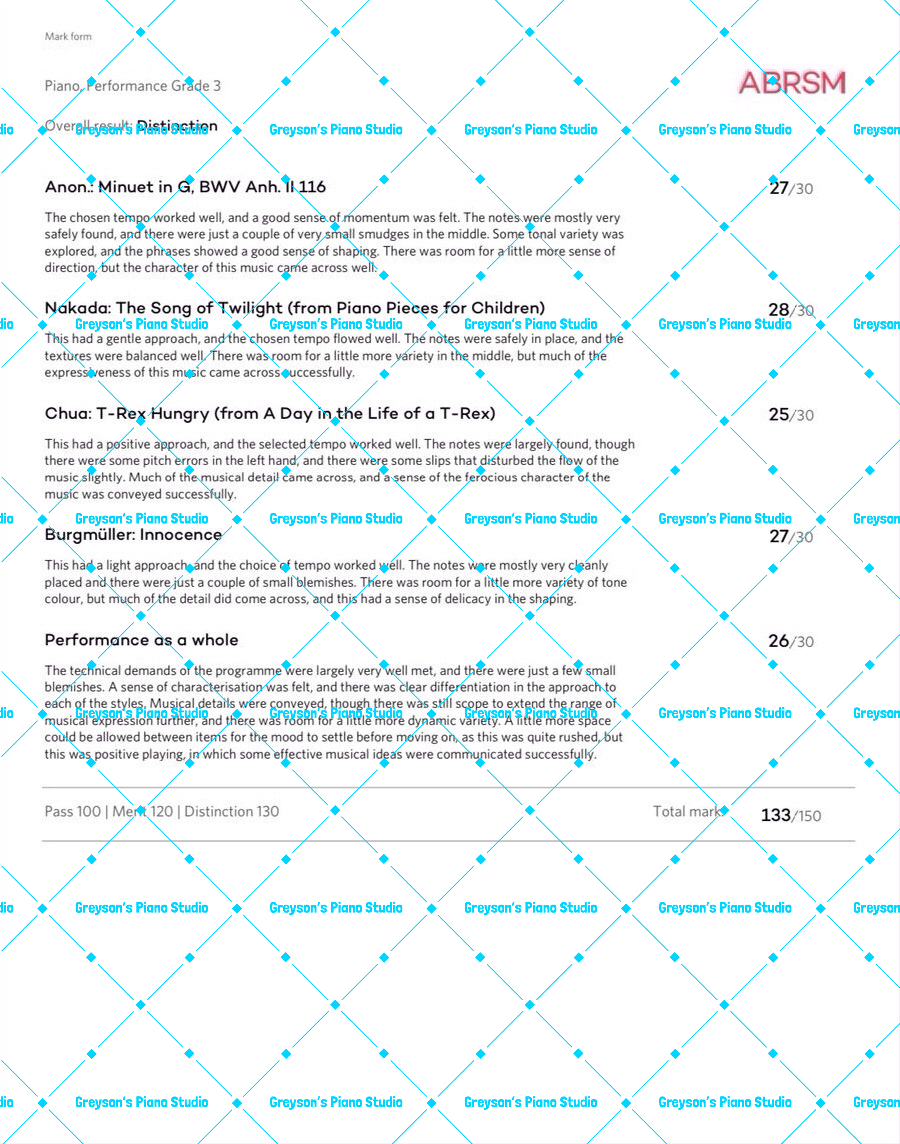 ABRSM Grade 3 - Distinction - 133 Marks