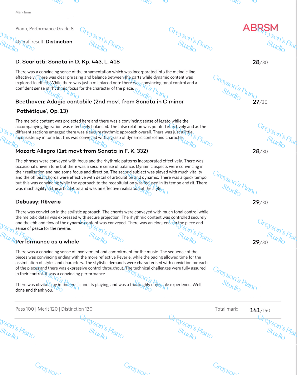 ABRSM Grade 8 - Distinction - 141 Marks