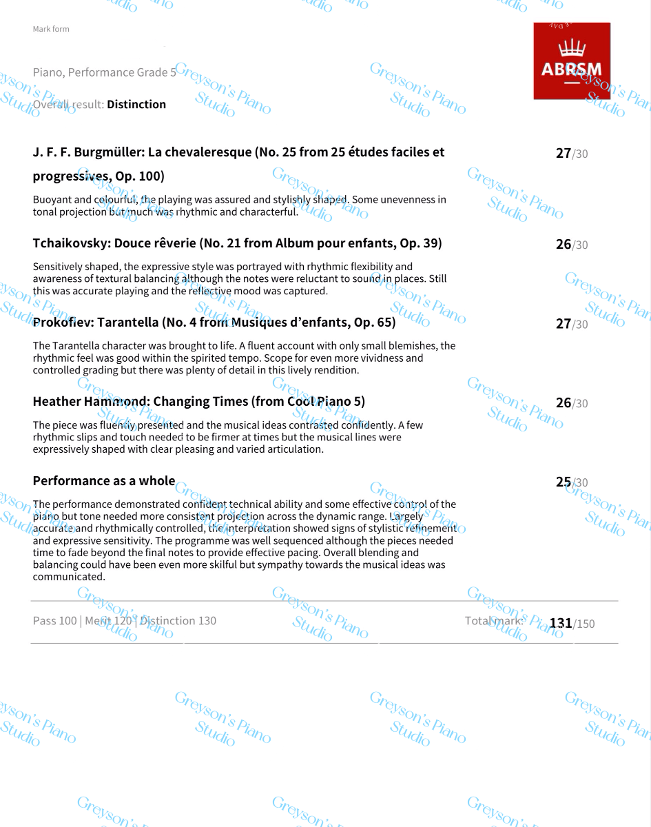 ABRSM Grade 5 - Distinction - 131 Marks