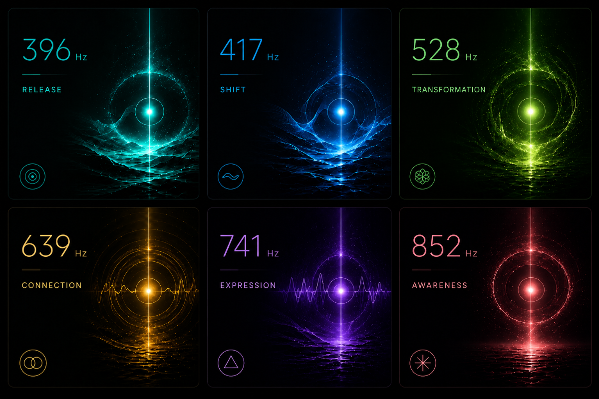 The six Solfeggio frequencies — Release 396 Hz, Shift 417 Hz, Transformation 528 Hz, Connection 639 Hz, Expression 741 Hz, Awareness 852 Hz