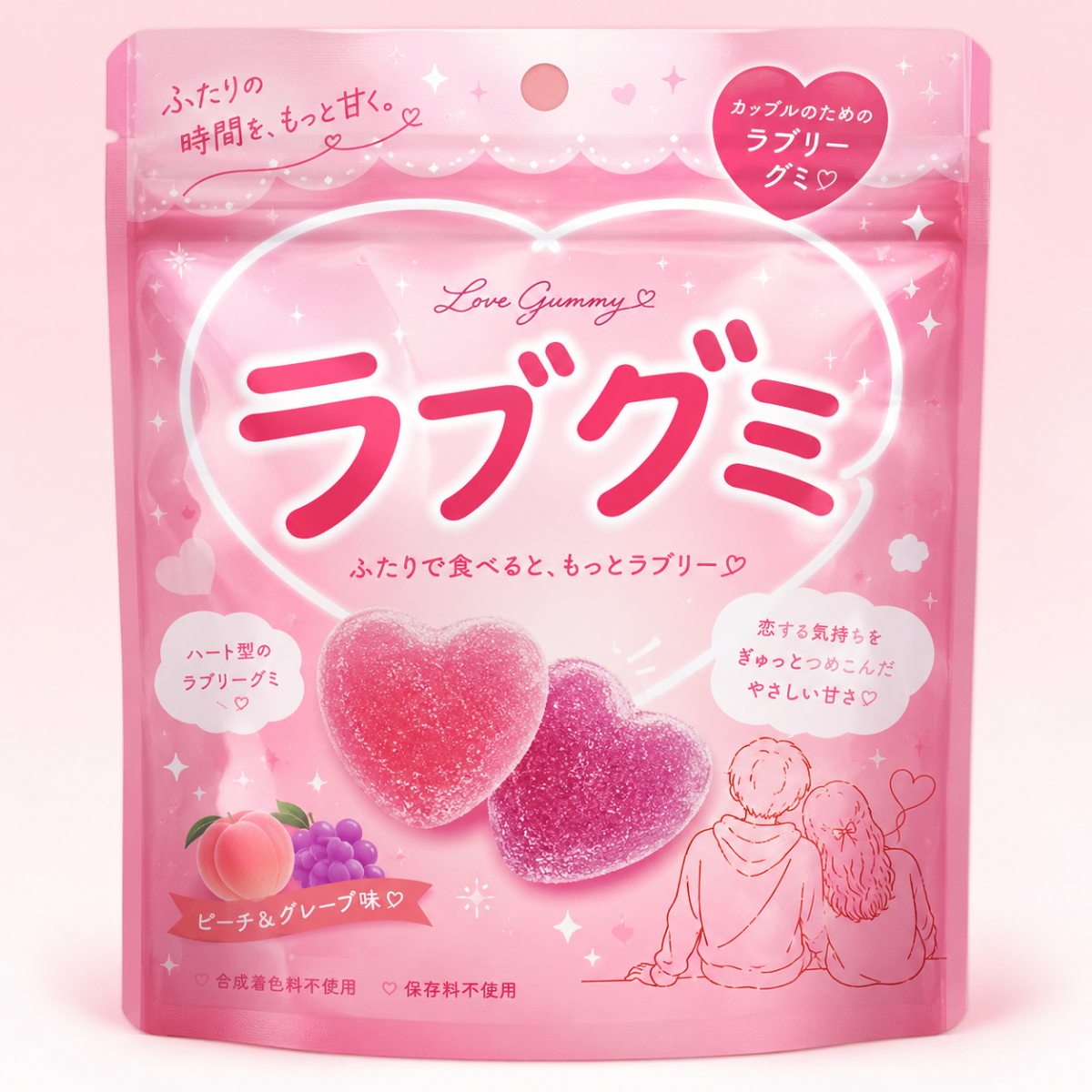 ラブグミ2袋セット - ピーチ味とグレープ味のハート型グミ