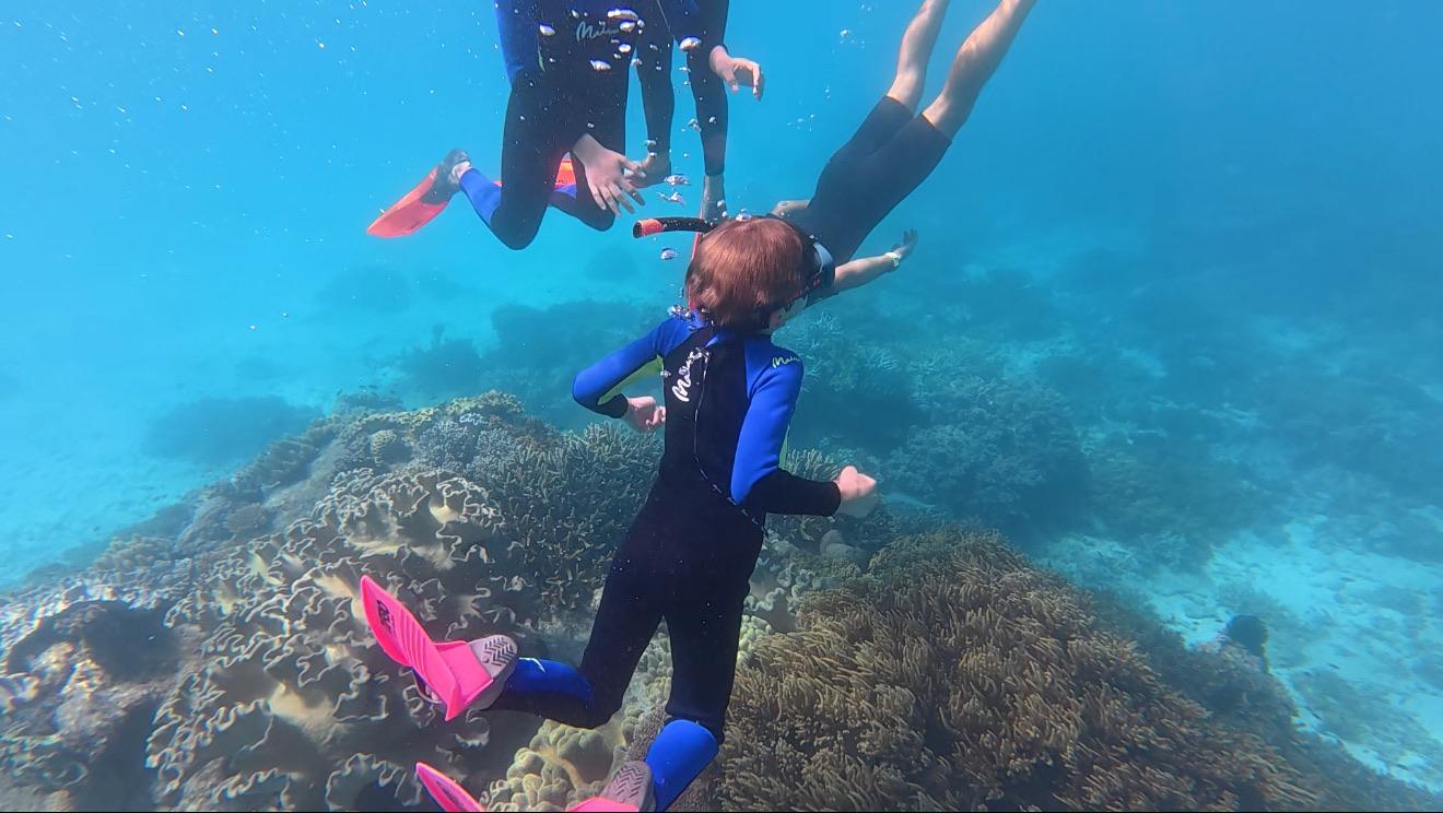 Family snorkelling at Great Barrier Reef coral gardens
