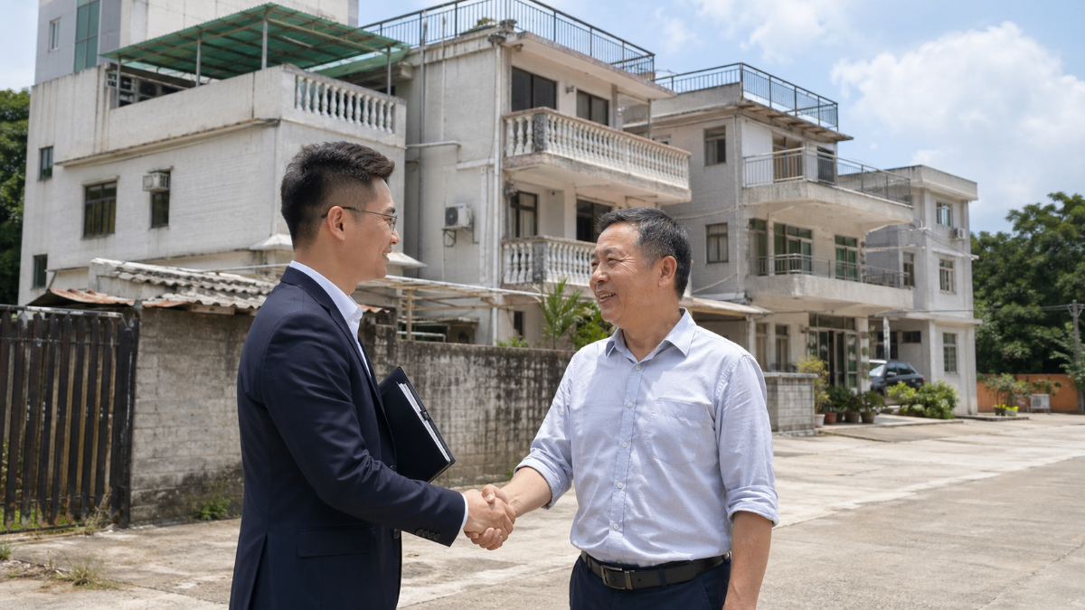 新界村屋事務支援中心工程人員與業主握手