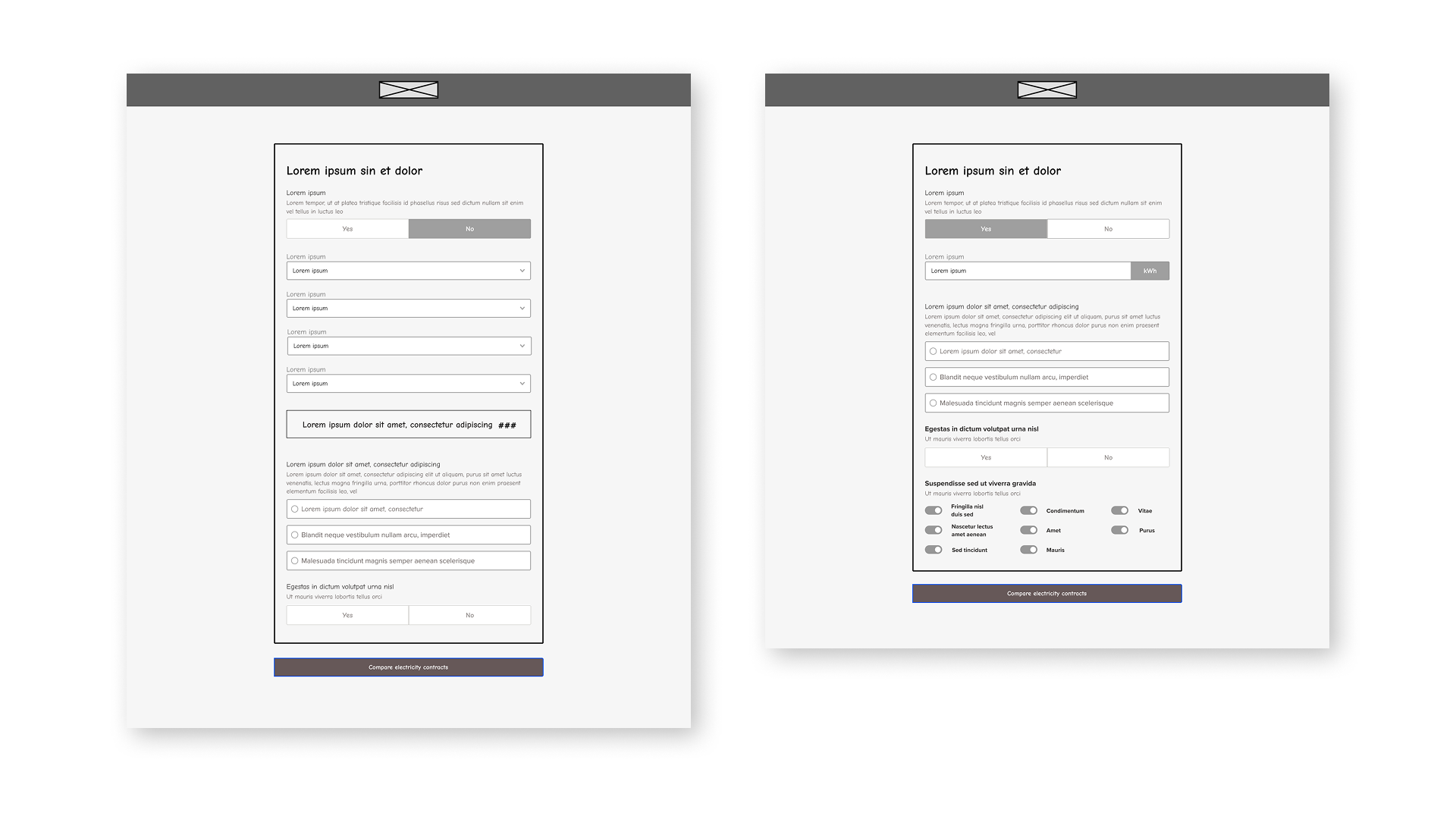 Wireframe sketches for electricity comparison interface