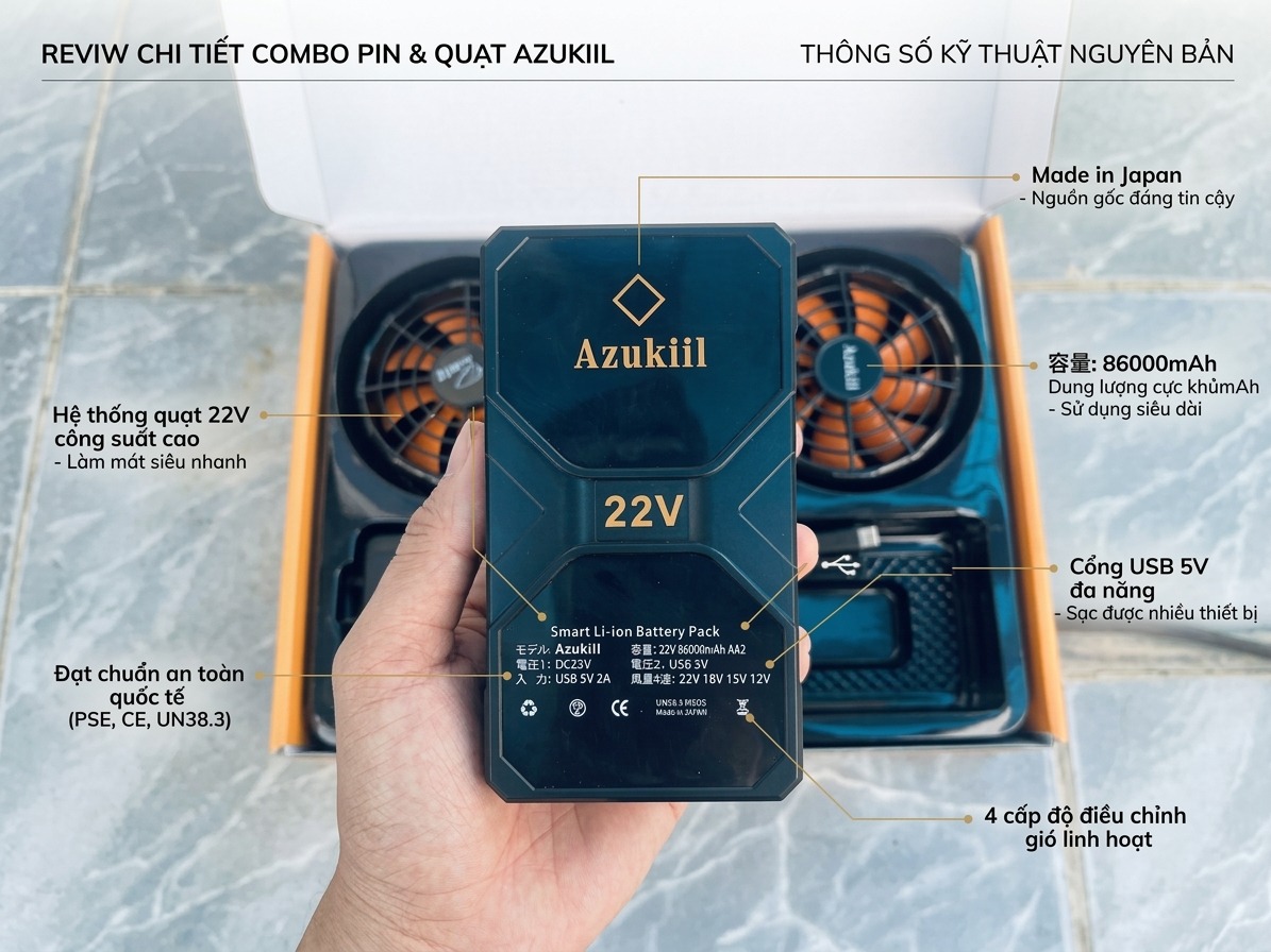 Review Chi Tiết Combo Pin & Quạt Azukiil 22V