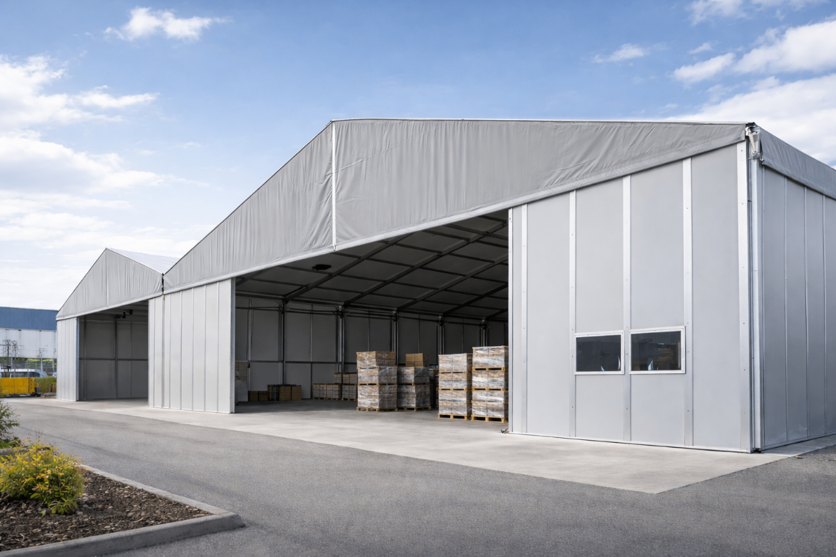 Carpas industriales VANTEC - carpa industrial con panel sándwich y pallets en polígono industrial