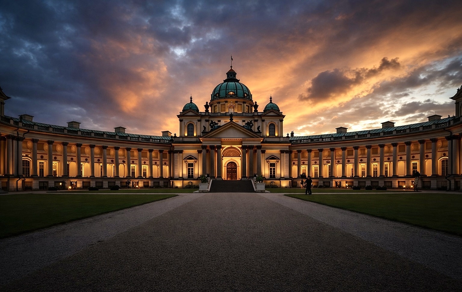 European institutional building at golden hour