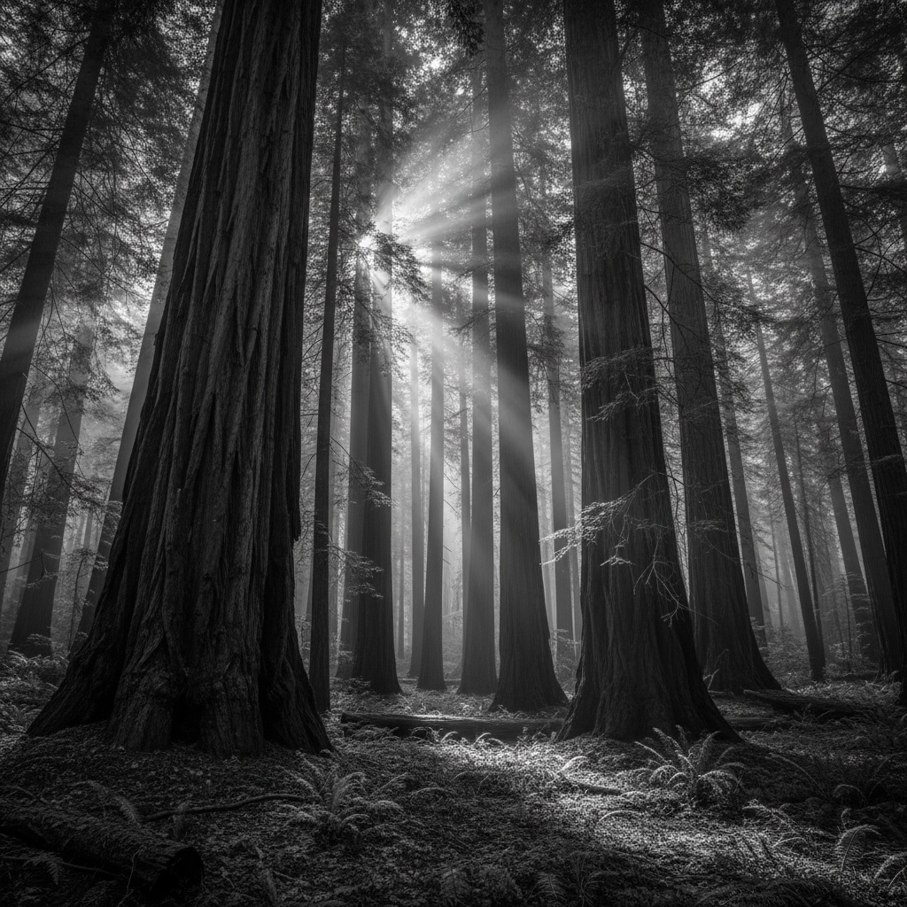 Black and white photograph of a redwood forest with rays of light filtering through the trees
