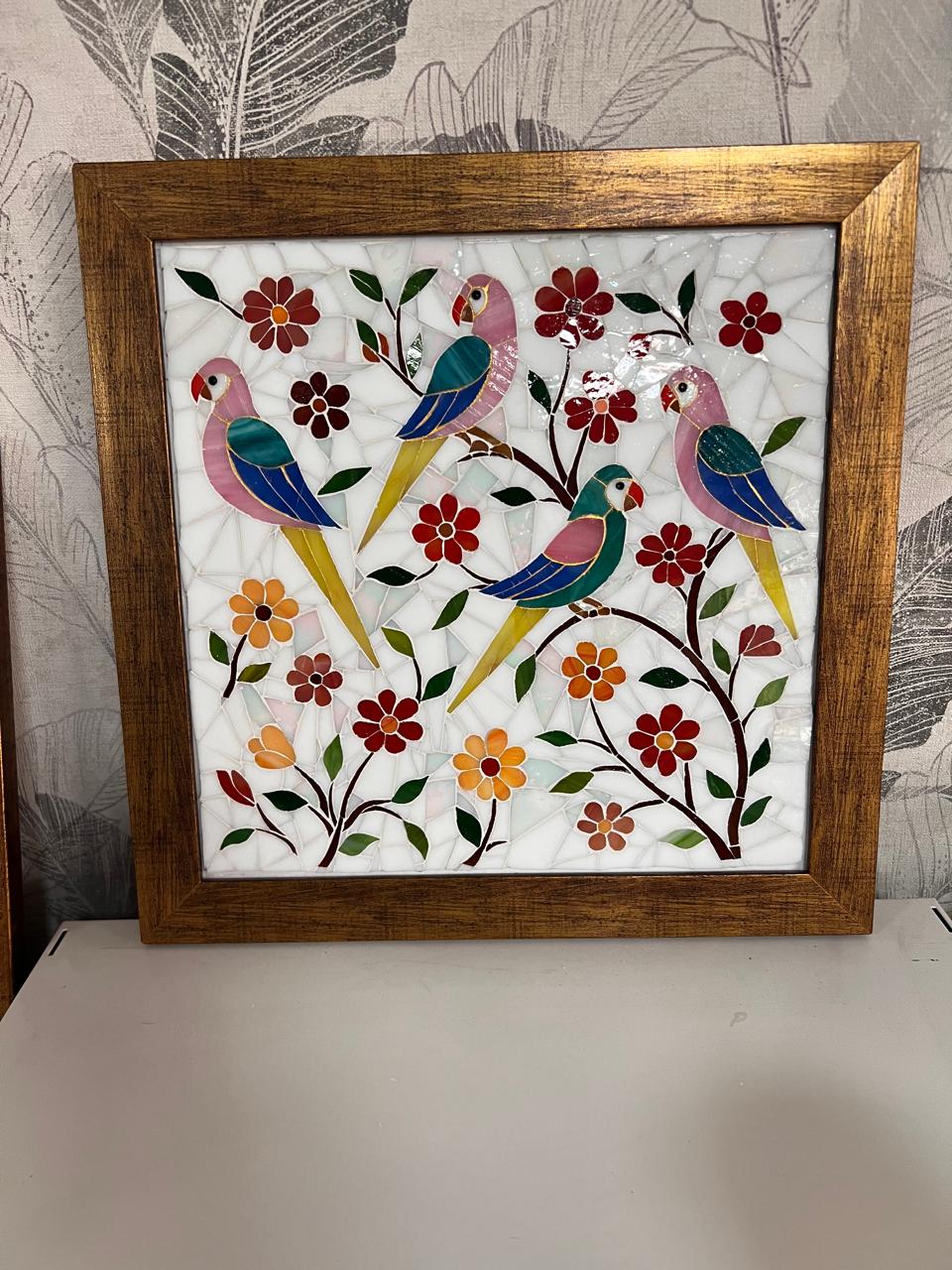 Mosaic tools and materials arranged on workshop table