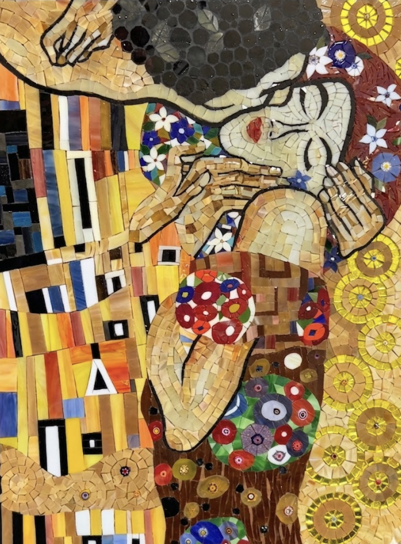 Zaza Mosaic studio interior with beautiful mosaic artworks and warm natural light