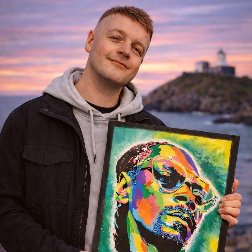 Artist holding Snoop Dogg portrait at Swansea Bay