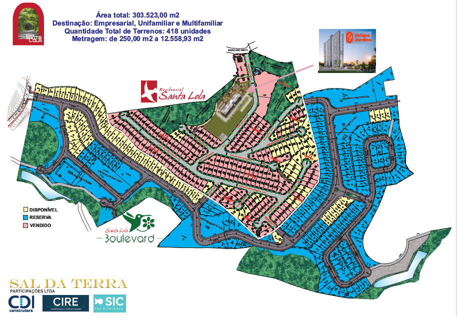 Mapa dos terrenos do Condomínio Boulevard e Residencial Santa Lola