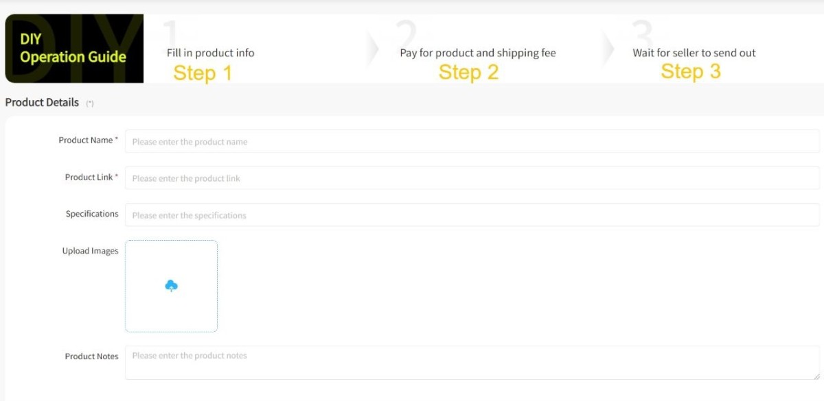 Joyagoo DIY Order fields for product name, link, options, images and notes