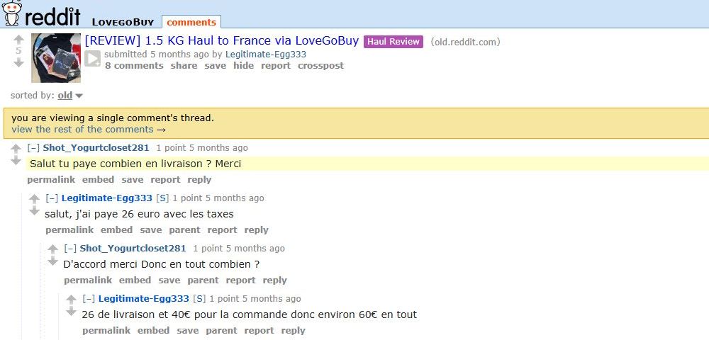 Discussion publique française à propos d’un colis LoveGoBuy