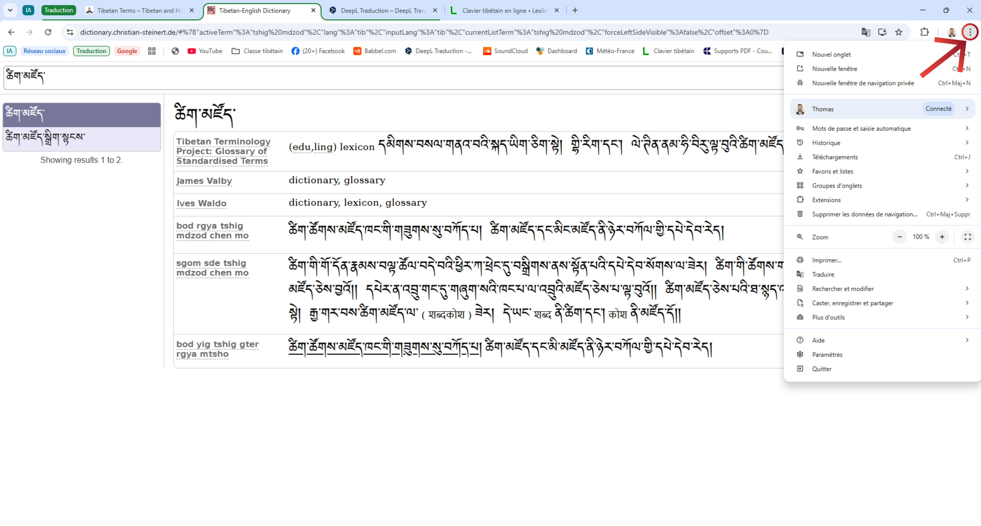 Menu déroulant Chrome avec option Traduire