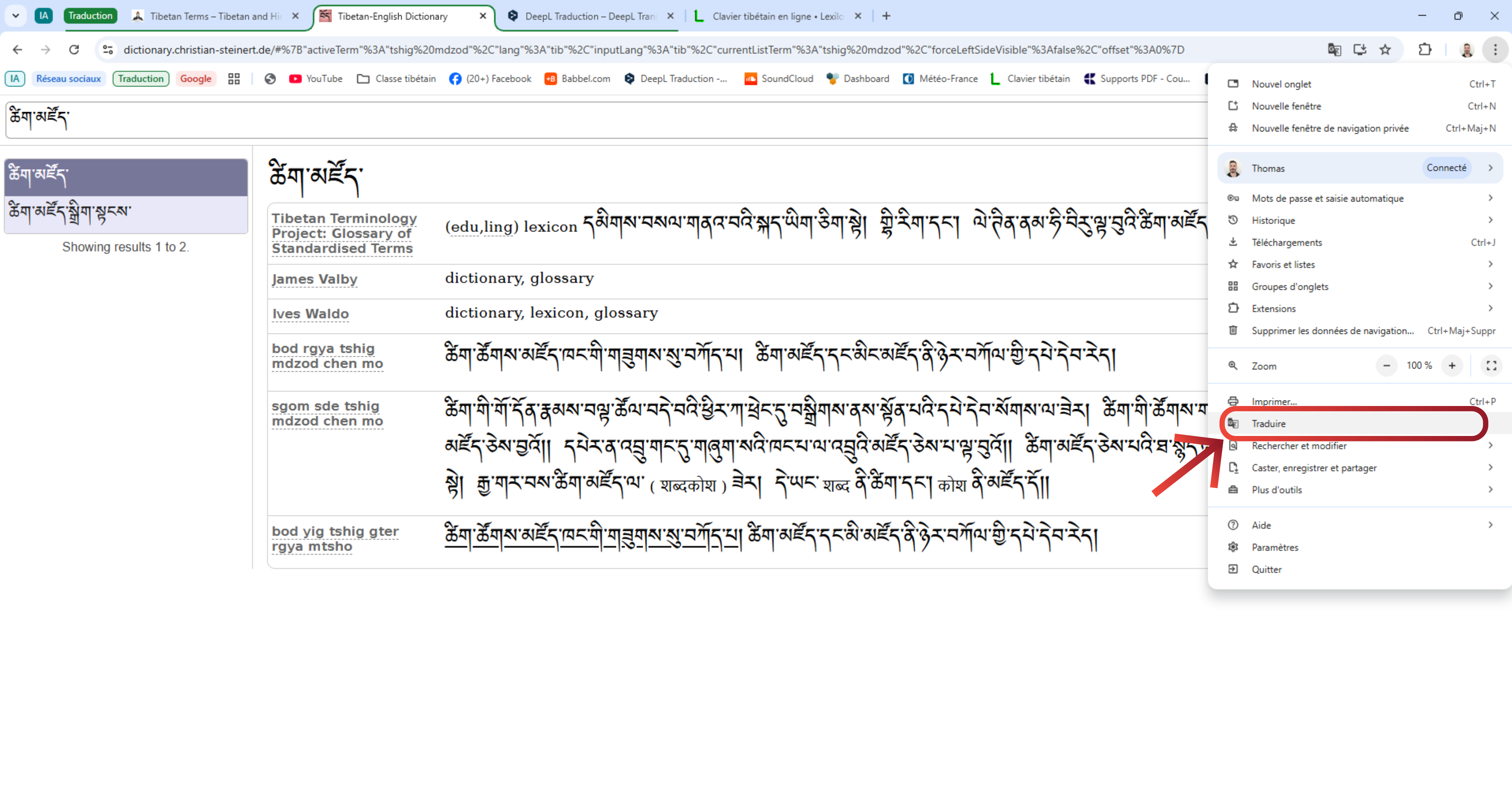 Clic sur l'option Traduire