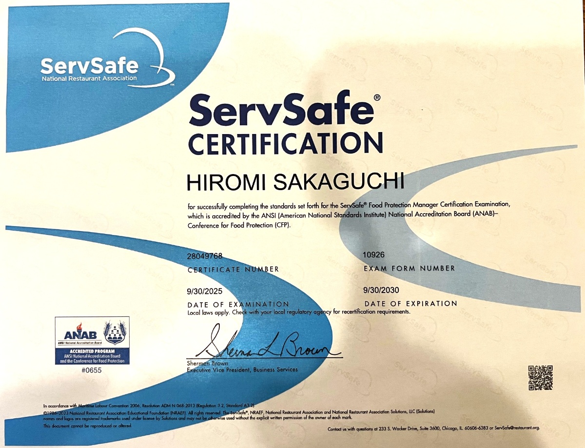 ServSafe Certification for Hiromi Sakaguchi