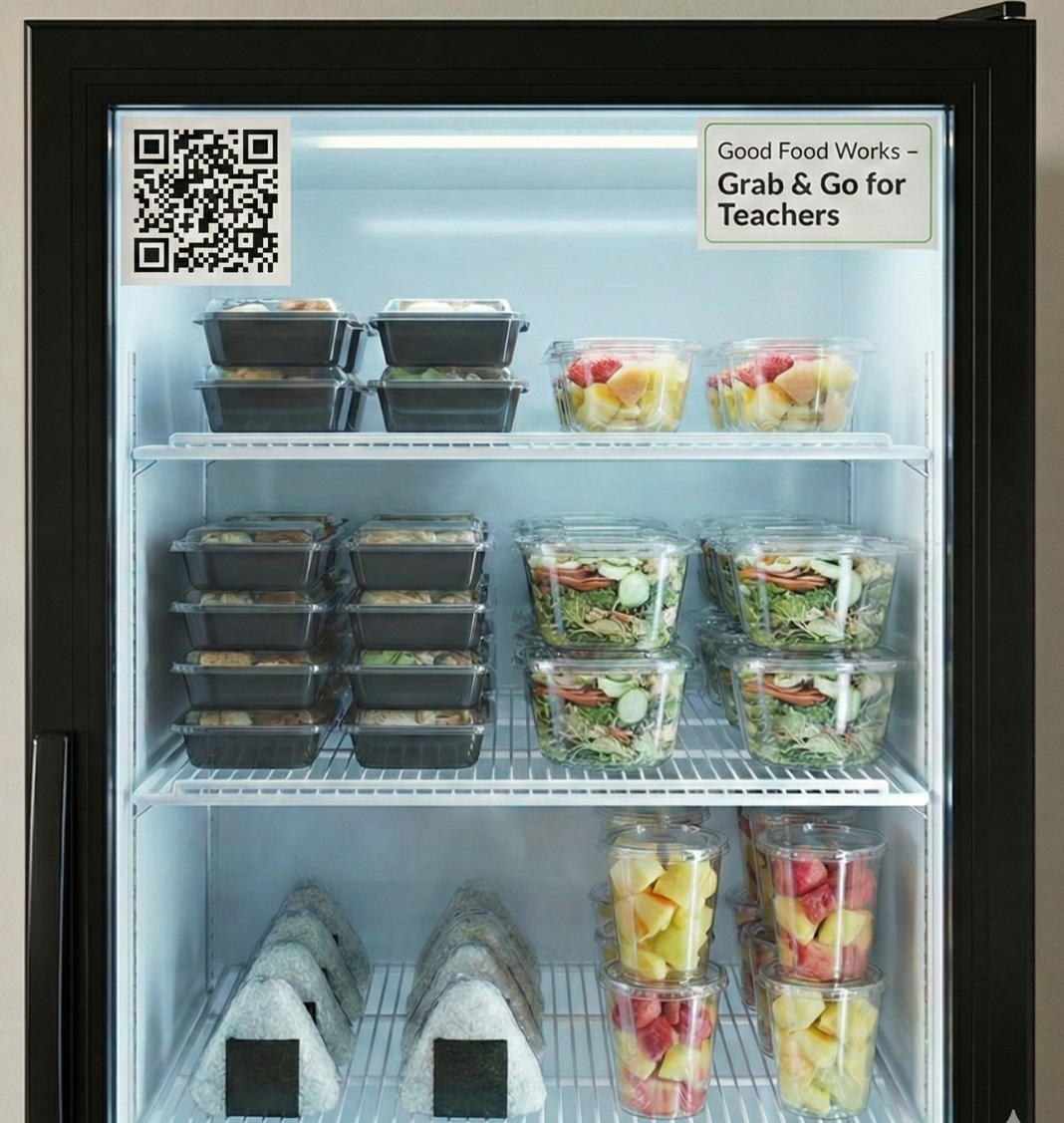 Fresh prepared meals in refrigerated display with clear labeling and pricing