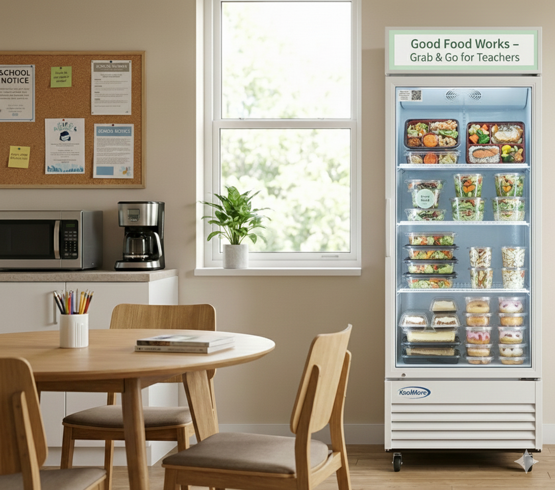 Commercial refrigerated merchandiser with fresh meals and convenient QR code payment system