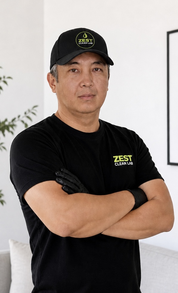 Zest Clean professional technician providing sofa cleaning service in Orange County