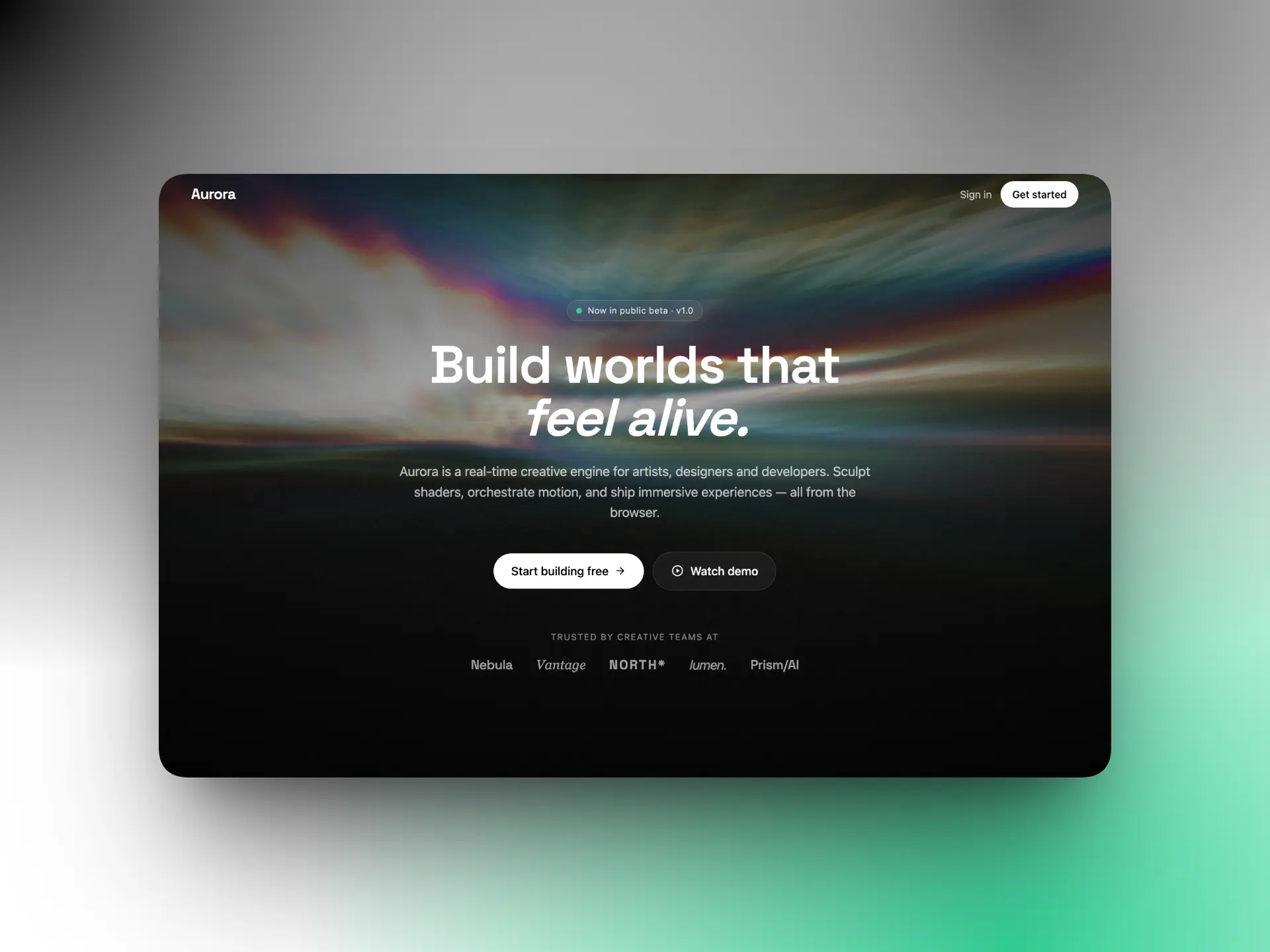 Aurora lighting interactive hero section