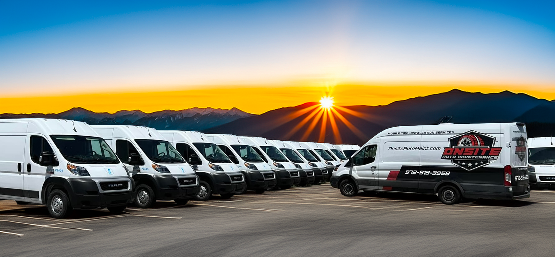 Mobile mechanic pouring fresh motor oil into fleet vehicle engine with oil filter and tools for DFW oil change service