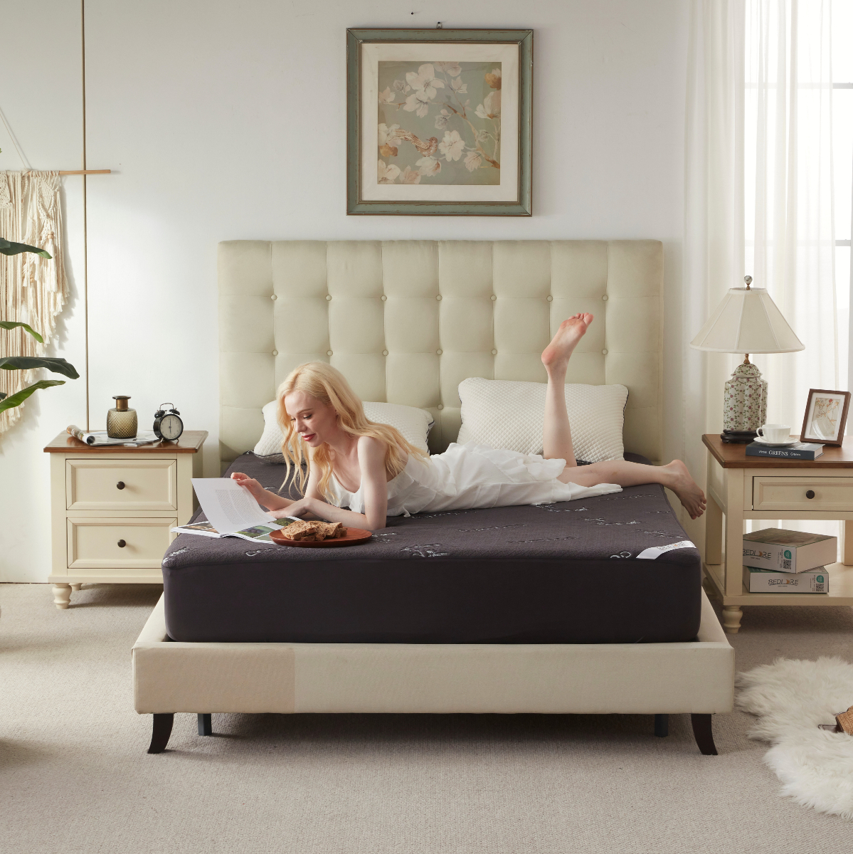 Bamboo mattress protector fitted over a mattress in a bright bedroom
