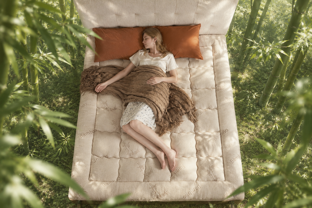 Woman resting on Bedlore bamboo bedding surrounded by a green bamboo forest